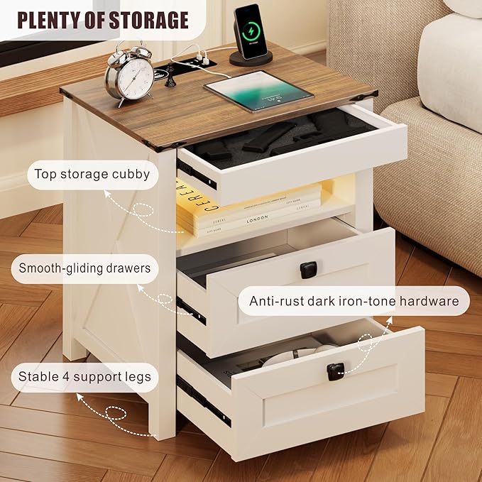 TAGELIER Night Stand Set 2 with Gun Drawer, Farmhouse Bedside Table with Charging Station, Gun Nightstand with LED Light & Human Sensor, Smart End Table for Bedroom, Antique White - Image 7