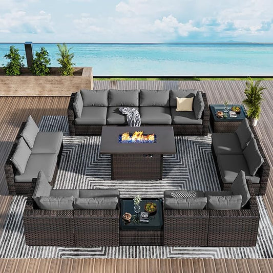 15 Piece Patio Furniture Set with 44" Fire Pit Table, Outdoor Sectional Couch, PE Rattan Patio Conversation Sets with 4inch Cushions for Backyard Grey