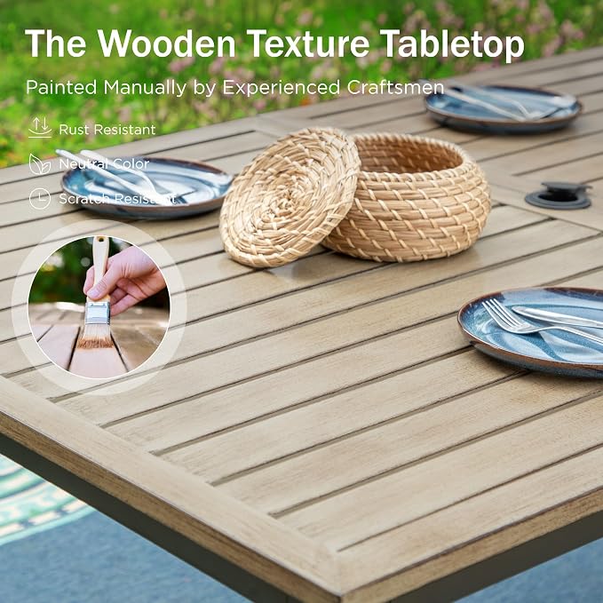 PHI VILLA 64" Rectangle Outdoor Dining Table, Patio Furniture Wood-Like Tabletop with Umbrella Hole for Patio Lawn Backyard Garden, Brown - Image 5