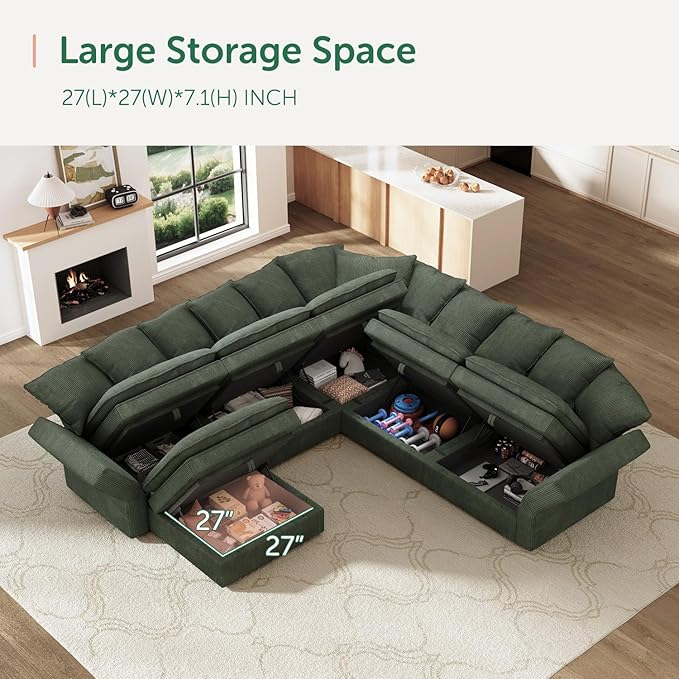HONBAY Modular Sectional Sofa, 6 Seaters Corduroy Sectional Couchwith Ottoman, L Shaped Sofa with Storage & Pillows, Green