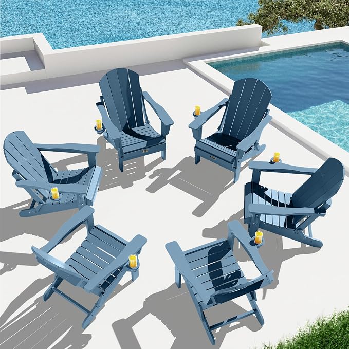 SERWALL Folding Adirondack Chair with Cup Holder Set of 6, Weather Resistant HIPS Lawn Chairs, Wooden Textured, Fire Pit Chairs for Backyard, Garden - Blue by SERWALL