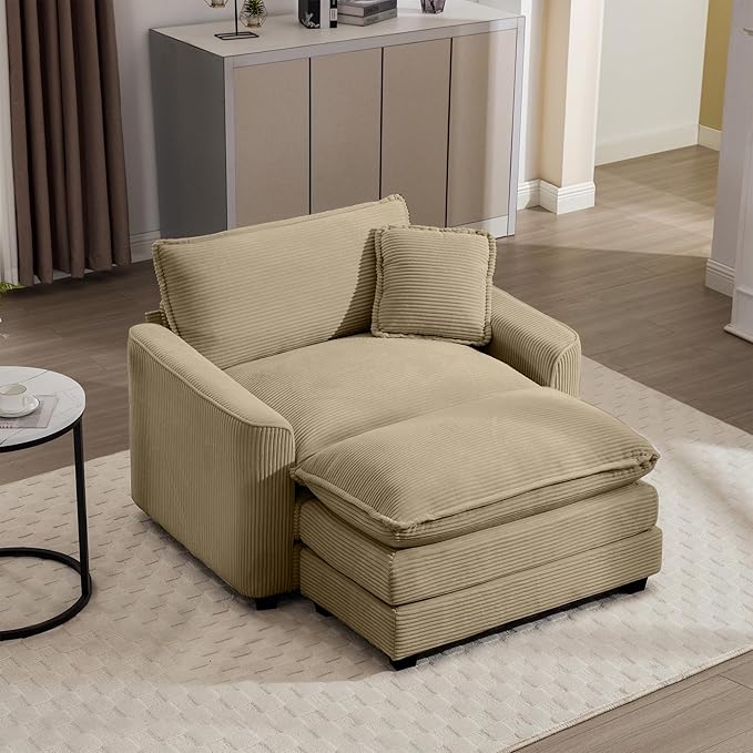 KEIKI 45" Oversized Corduroy Modular Sectional Single Sofa with 1 Ottoman, High-Density Foam Cushions, Removable Armrest, Upholstered 1-Seater Lounge Accent Chair with 1 Pillow, for Living Room, Tan