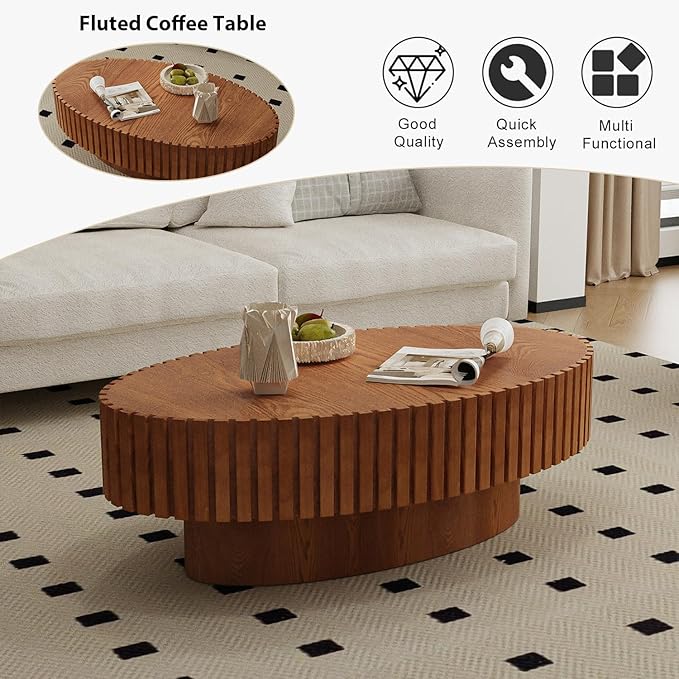 Oval Fluted Coffee Table Mid Century Modern Coffee Tables with Handcrafted Relief Ellipse Drum End Table Rustic Industrial Center Tables for Apartment Living Room (Wood Oval)