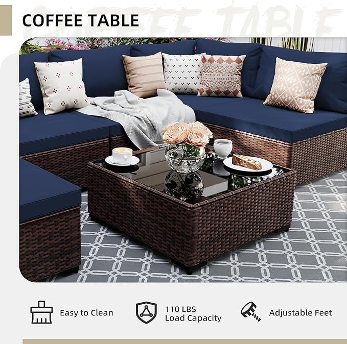 UPHA 9 Pieces Patio Furniture Sets, Wicker Outdoor Sectional Sofa Couch with Round Propane Pit for Deck Backyard Garden, Brown Rattan, Navy Blue Cushion
