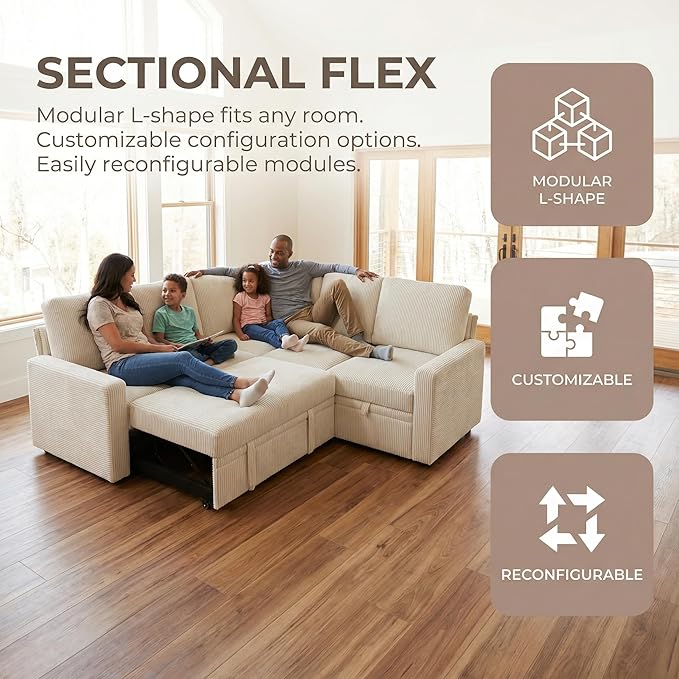 5-Seater Large Sectional Couch with Pull Out Bed, L Shaped Corduroy Sofa with Storage, Convertible Modular Sofa, for Living Room, Apartment, Beige