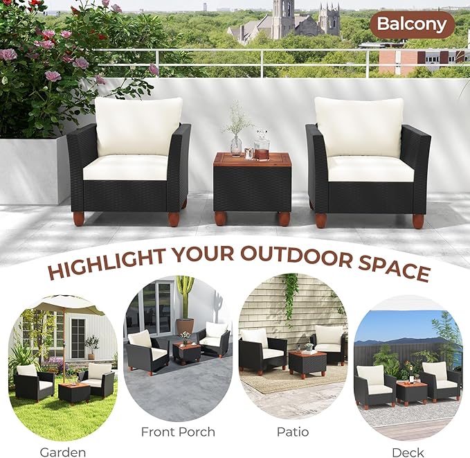 ORALNER 3 Pieces Patio Furniture Set, Outdoor Wicker Conversation Chairs with Cushion, Acacia Coffee Table, Rattan Bistro Set for Balcony Garden Backyard Front Porch Poolside (Off White)