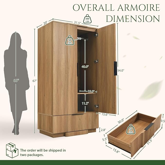 Yechen 67" Fluted Armoire Wardrobe Closet Set of 2 with Doors and Drawer, Wooden Wardrobe Closet Cabinet with Adjustable Shelve, Modern Small Armoires Storage Clothes, Coats for Bedroom, Natural, 2pcs