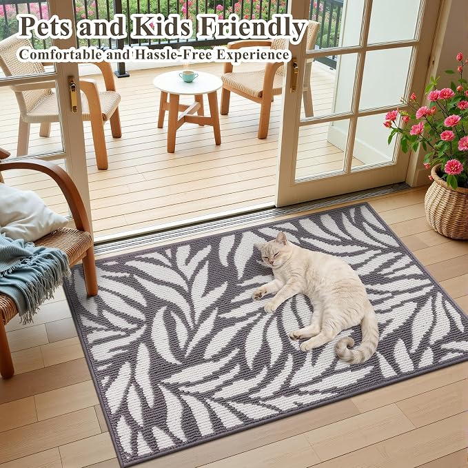 Ileading Indoor Door Mat 32"x48" Absorbent Dog Muddy Paws Mat Low-Profile Entrance Leaves Runner Rug with Non-Slip Rubber Backing Machine Washable Inside Welcome Mat for Hallway,Kitchen(Grey) - Image 2