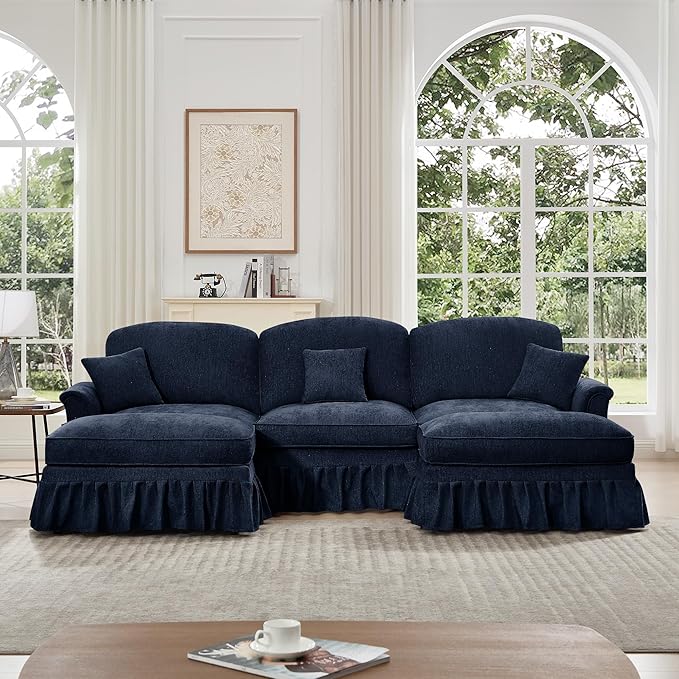 KEIKI Mid Century Modular Sofa with Flared Arms and Skirted Design, 107” Oversized 3-Seater with 2 Ottomans Luxury Chenille U-Shaped Sectional Couches for Living Room, Chaise Lounge Indoor, Blue