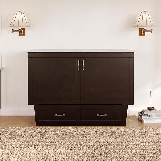 AFI, Chelsea Mid-Century Modern Full Wood Murphy Bed Chest with 6" Mattress, Storage Drawer & Built-in USB Charger, Espresso