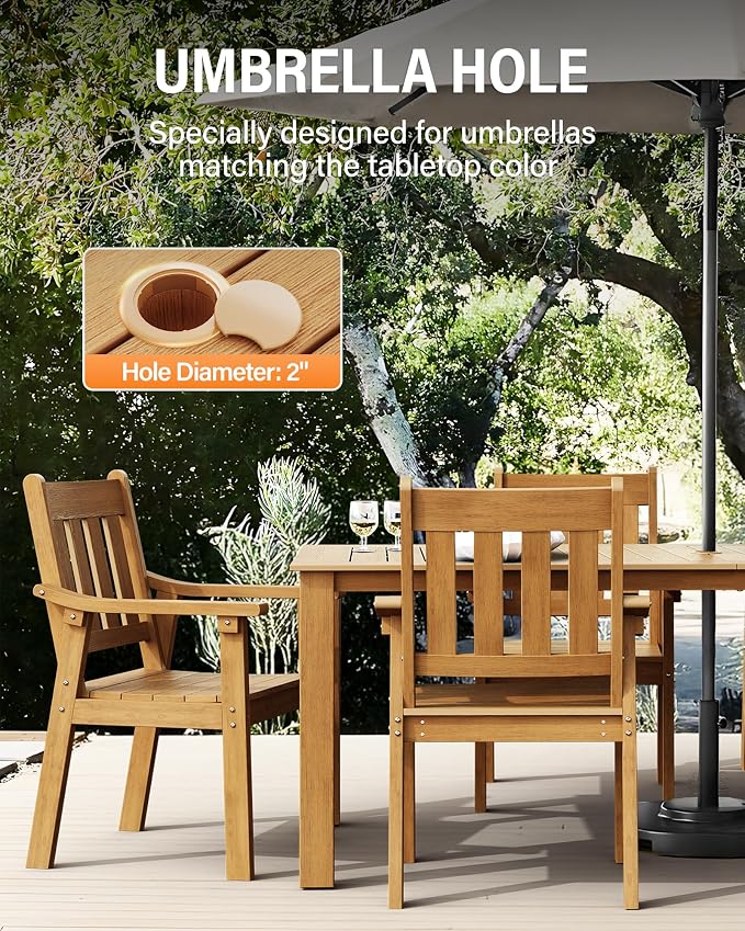 YEFU HIPS Patio Table Set: 7 Piece Outdoor Table and Chairs Dining Furniture Set with Umbrella Hole - Teak Modern Plastic Dining Sets 6 Person for Outside Deck with Metal Aluminum Frame - Image 5