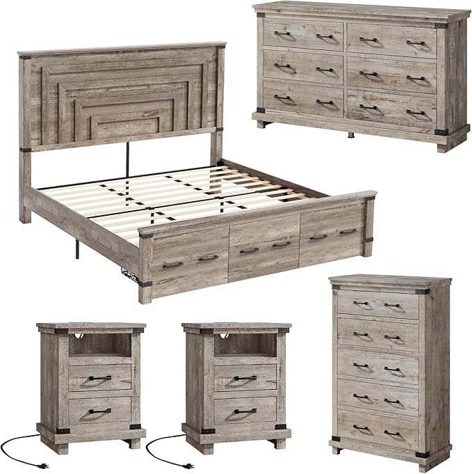 AMERLIFE 5 Pieces Farmhouse Bedroom Set, Includes Rustic King Bed Frame with 51" Tall Headboard, 6 Drawer Dresser, 5 Drawer Tall Chest, Nightstands Set of 2 with Charging Station, Rustic Grey