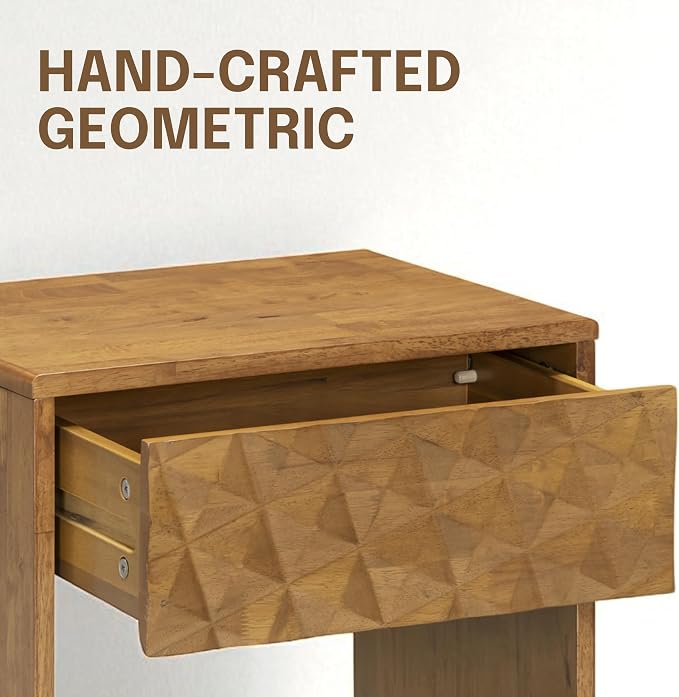 NTC Sapa Solid Wood Nightstand with 3D Carved Drawer Front – Modern Bedside Table with Open Shelf, Easy Assembled - Teak Look - Image 5