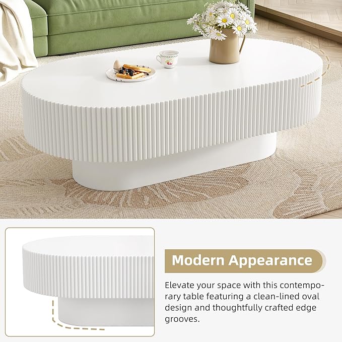 Merax Modern 43.3" W Oval Coffee Table with Sturdy Base, Wood Center Tables for Living Room Reception Room, Easy Assemble, White