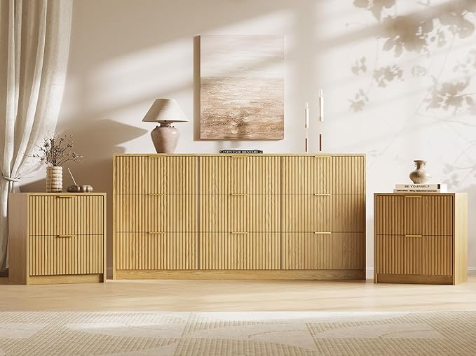 MAISONARIA 3-Piece Dresser Bedroom Set, 6 Drawer Dresser & 2 Drawer Nightstands with Gold Handles, Fluted Wood Chest of Drawers for Bedroom, Living Room, Entryway, Nature