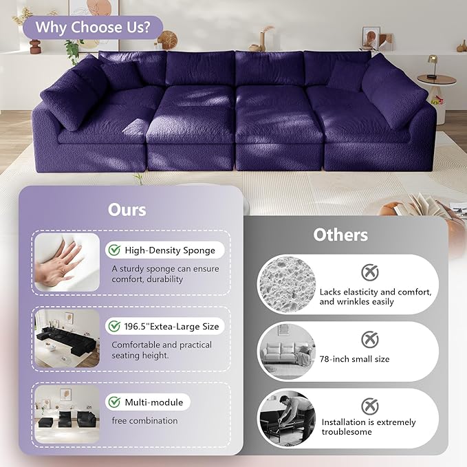 Modular Sectional Sofa Boneless Cloud Couch for Living Room, U Shape Deep Seat Recliner Sofa with Ottoman, Adjustable Backrest & 2 Throw Pillows - Covers Washable, (Purple, 6 Seater+2 Ottoman)