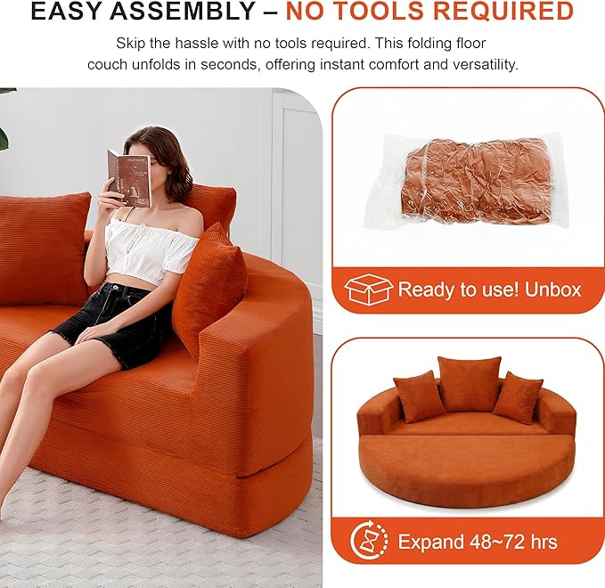 Casaphoria Convertible Sofa Bed,67'' Fold Out Sleeper Sofa with Pillows for Small Space,Multi-Functional Futon Couch for Living Room,Apartment,Guest Room(Orange)