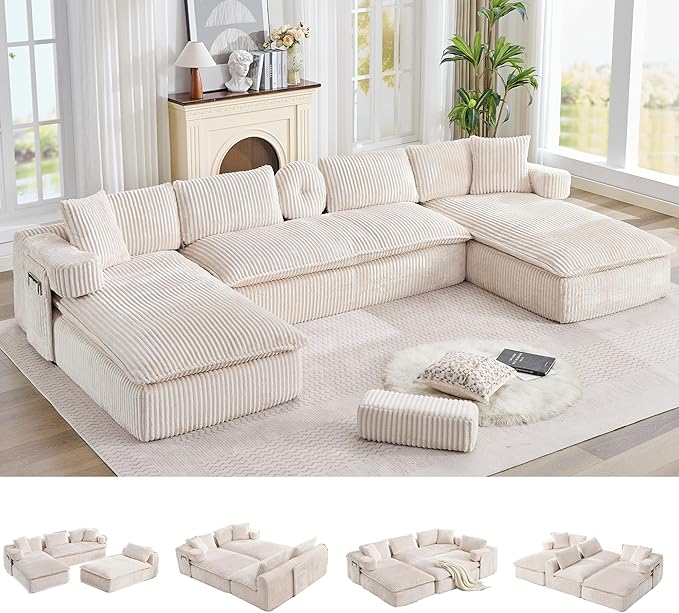 149" Oversized U Shaped Cloud Modular Sectional Sofa Boneless Couch with Double Chaise,Free Combination Convertible Floor Sofa Bed with Storage Pockets and Pillows | No Assembly