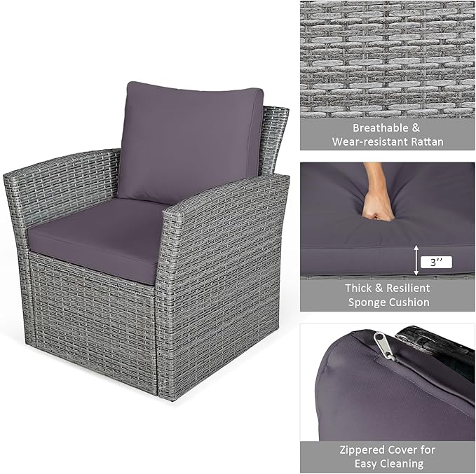COSTWAY 4 Pieces Patio Rattan Furniture Set, Outdoor Wicker Sofa Set with Tempered Glass Coffee Table, Cushions, All Weather Rattan Conversation Set for Yard Balcony Backyard Pool (Grey)