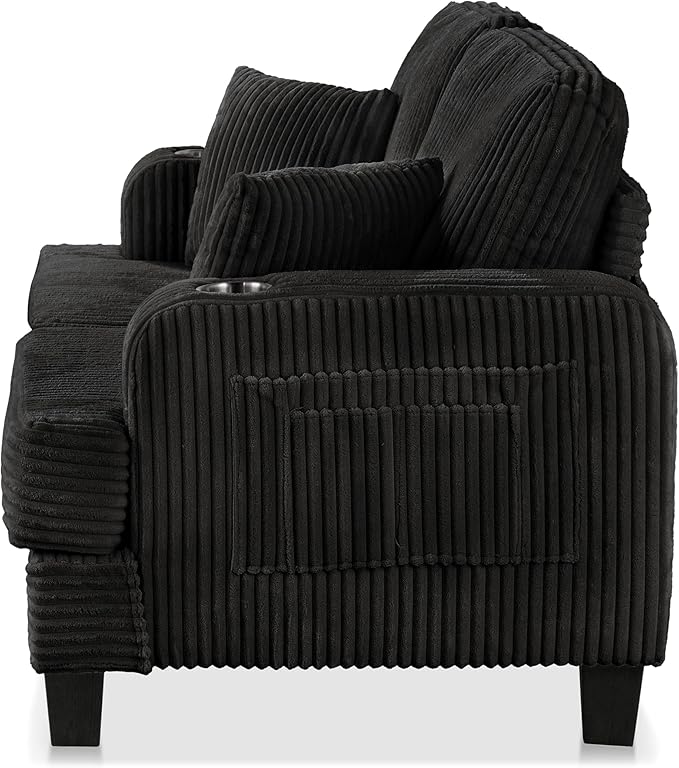Homes: Inside + Out Reese Modern Plush Chenille Comfortable Loveseat with Side Pockets, Cup Holders and Pillows, Wooden Soft Couch for Living Room, Bedroom and Office, Black
