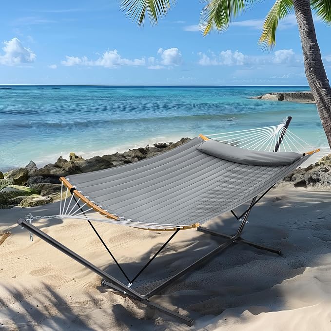 SUPERJARE Hammock with Stand, 2 Person Heavy Duty Hammock Frame, Detachable Pillow & Strong Curved-Bar & Portable Carrying Bag, Perfect for Outdoor & Indoor - Gray - Image 3