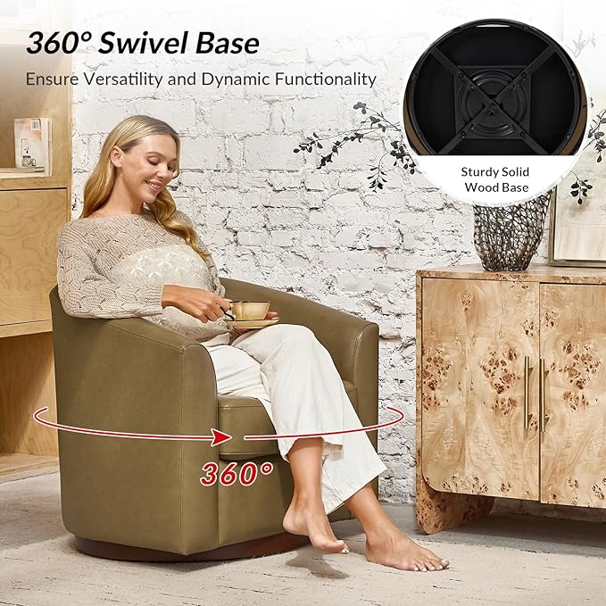 HULALA HOME Genuine Leather Swivel Accent Chairs Set of 2 with Solid Wood Base, Round Swivel Barrel Chairs for Living Room and Bedroom, Taupe