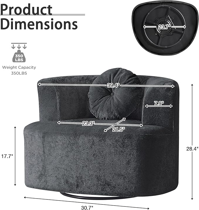 Oversized Swivel Accent Chair Set of 2, Modern Curved Back Single Sofa Chair, Comfy All-Foam Compression Upholstered Round Armchair with Pillow,Cozy Chenille Barrel Chair for Living Room(Dark Grey)