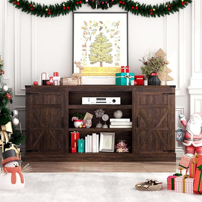 Hlivelood 66" Farmhouse TV Stand with Power Outlets for 75 Inch TVs, 33" Tall Entertainment Center with Storage Cabinets w/Adjustable Shelves, Rustic Large TV Media Console for Living Room, Brown - Image 8