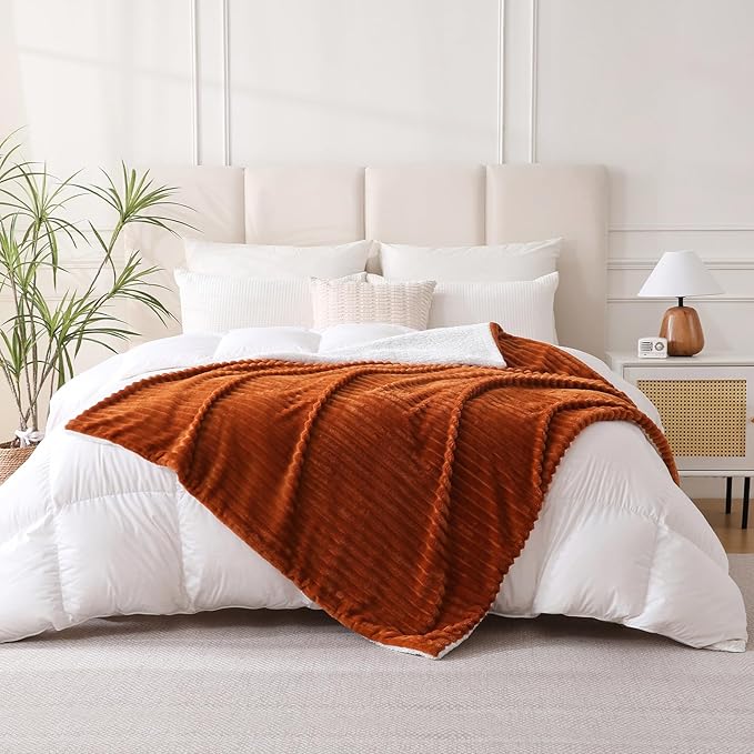 Burnt Orange Sherpa Fleece Throw Blanket 50?€???60?€? for Couch Sofa Bed,Double Side Soft Fuzzy Cozy Plush Thick Flannel Blanket with Striped Design Gift for Mother Woman