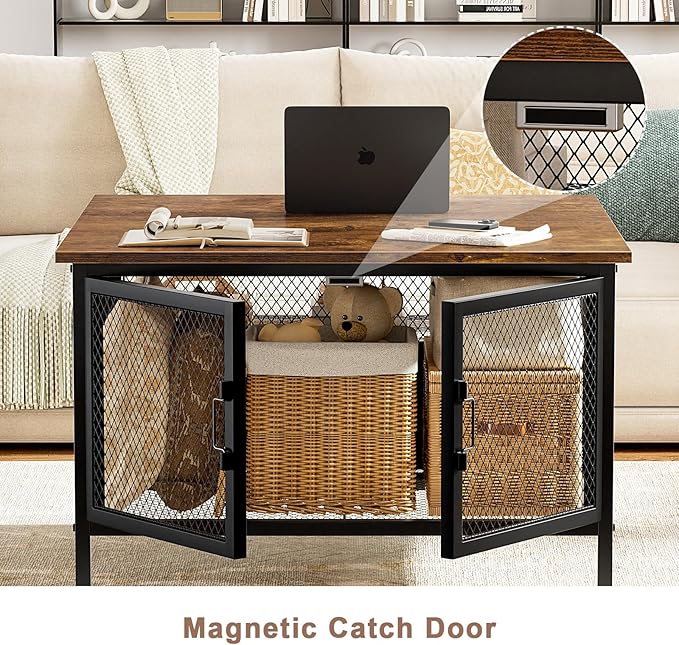 FABATO Flip Top Coffee Table, Square Coffee Tables Metal Wood, Farmhouse Lift Up Coffee Table Cocktail Table with Wire Mesh Barn Door and Storage, Steel Frame, Small Tea Table for Living Room, Black