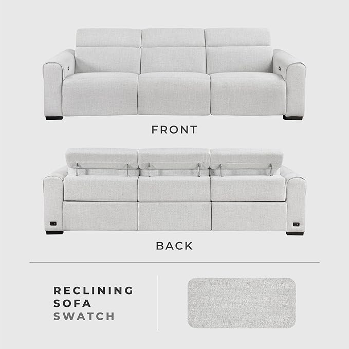 Lexicon Power Reclining Sectional Couches for Living Room-Modular Sectional Sofa, Wall Hugger, 3 Recliner Seats, Power Headrests, Charging Ports, 3 Seater Couch, Chenille Cloud