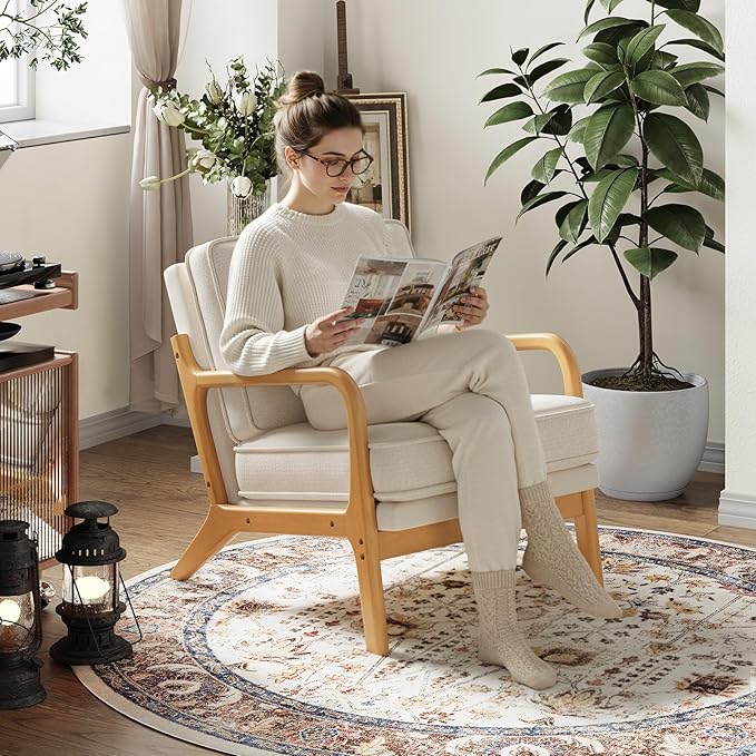 MALOL Mid-Century Accent Chair with Solid Wood Frame, Reading Relaxing Armchair Lumbar Pillow& Soft Cushion, Leisure Chair for Living Room, Bedroom, Waiting Room-Beige