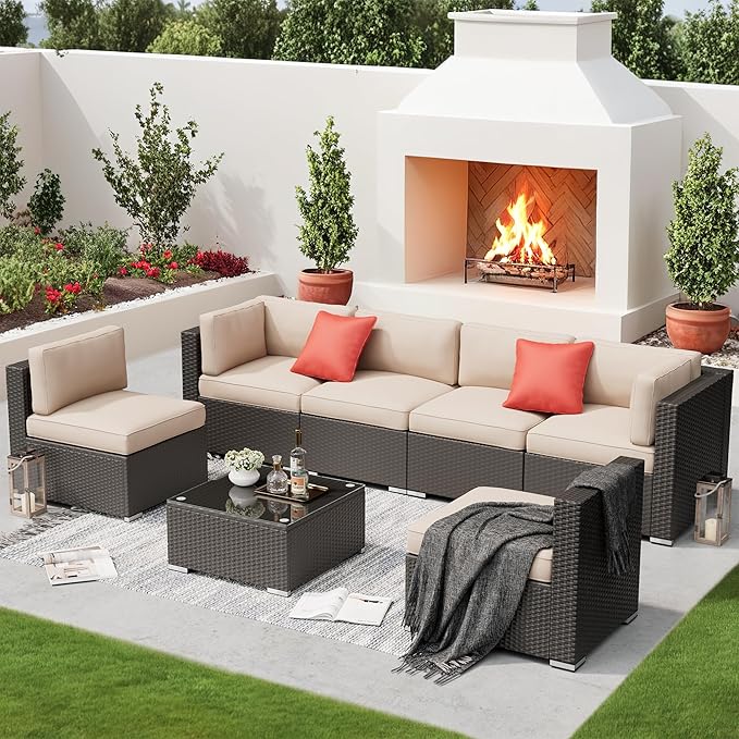 SUNCROWN 7-Piece Outdoor Patio Furniture Sofa Set All-Weather Wicker Sectional Conversation Set with Modern Glass Coffee Table, Cushions and A Waterproof Cover, Backyard, Garden (Brown)
