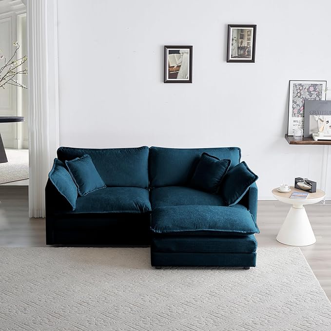 KEIKI Loveseat Sofa, Upholstered 2 Seater Couch with 1 Footrest, Oversized L-Shaped Sectional Sofa with Ottoman for Living Room Bedroom Office, Blue