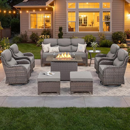 Luxury Patio Furniture Set with 6-inch Thick Cushion, Outdoor Furniture with Fire Pit Table, Swivel Chairs, Sofa, Side Table, Ottomans, 9pcs Wicker Conversation Set for Deck Yard and Poolside(Grey)