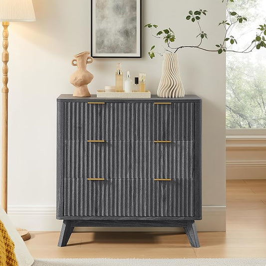 T4TREAM Fluted 3 Drawer Dresser, 32" Tall Modern Chest of Drawers, Curved Profile Design, Wood Drawer Organizer for Bedroom, Living Room, Hallway, Entryway, Dark Alder by T4TREAMFurniture