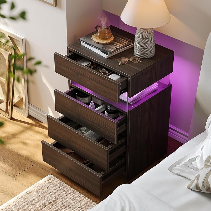 Bingoday Walnut LED Nightstand,Modern Night Stand with 4 Drawers,Tall Nightstand,Large Capacity,Multi-Color LED Lights,End Side Table for Bedroom - Image 4