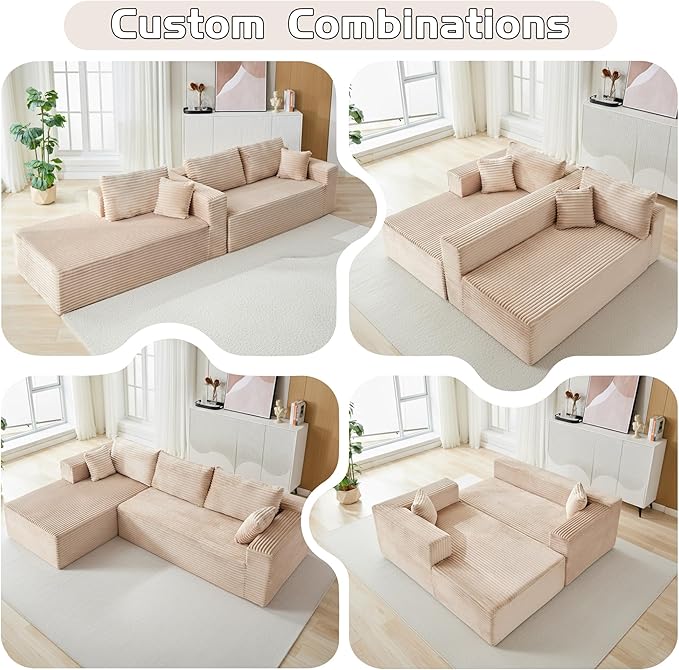 110" Boneless Couch, L Shaped Sofa with Deep Seat, Beige Couch Corduroy Cloud Sectional with Left Facing Chaise, for Living Room Bedroom
