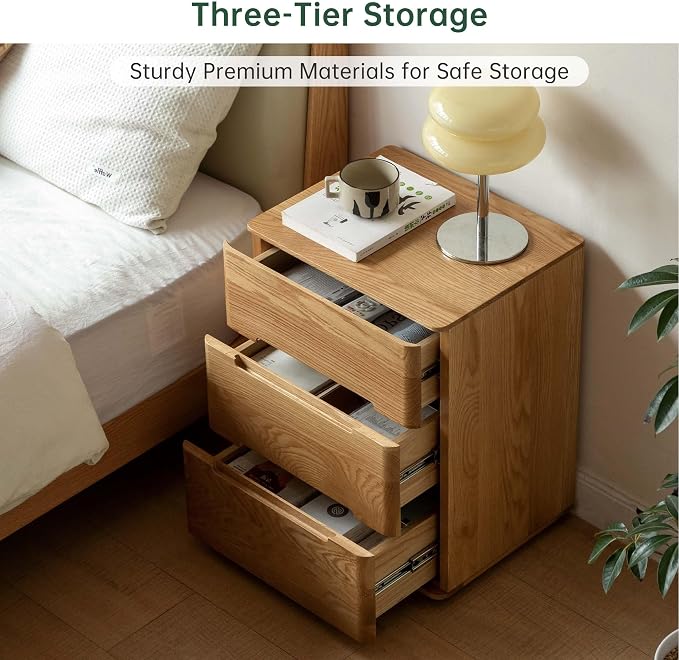 YESWOOD Solid Oak Wood Nightstands, Modern Natural Night Stand, Handleless 3-Drawer Bedside Table, 23'' Tall Nightstands for Bedroom, Large End Table with Storage for Living Room, Curved Profile - Image 4