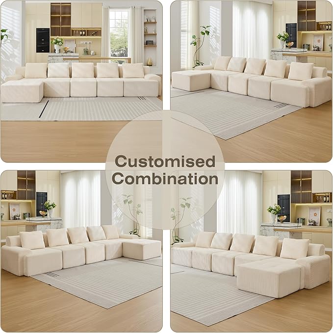 Modular Sectional Sofa, 6 Seat Modular Couch, Modular Sofa with Deep Seat and Detachable Pillow (White, 6 Pieces-L Shape)