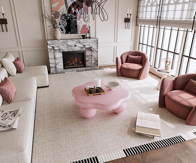 35" Cloud Coffee Table with 3 Ball Legs, Modern Minimalist Petal Center Table for Living Room, Low Cute Small MDF Tea Table for Bedroom, Small Space Apartment-Pink