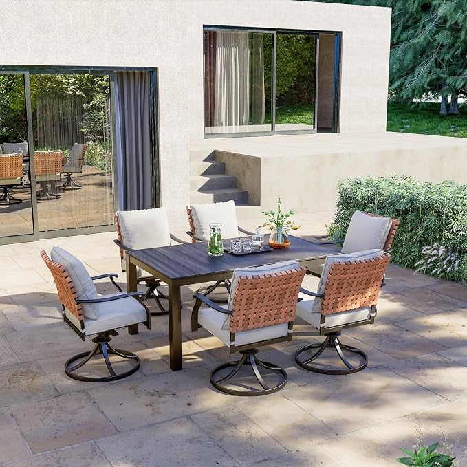 Grand patio 7-Piece Outdoor Dining Set, 6 Leather-Look Wicker Swivel Patio Chairs & 1 Rectangular Faux Woodgrain Dining Table, Dark Brown - Image 2