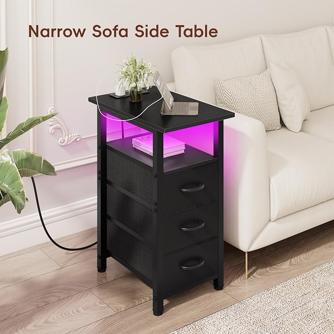 Vagusicc Set of 2 Black Nightstand with Charging Station and LED Lights, Narrow End Table, LED Night Stand with 3 Fabric Drawers for Bedroom, Small Bedside Table, Narrow Side Table for Small Spaces - Image 6