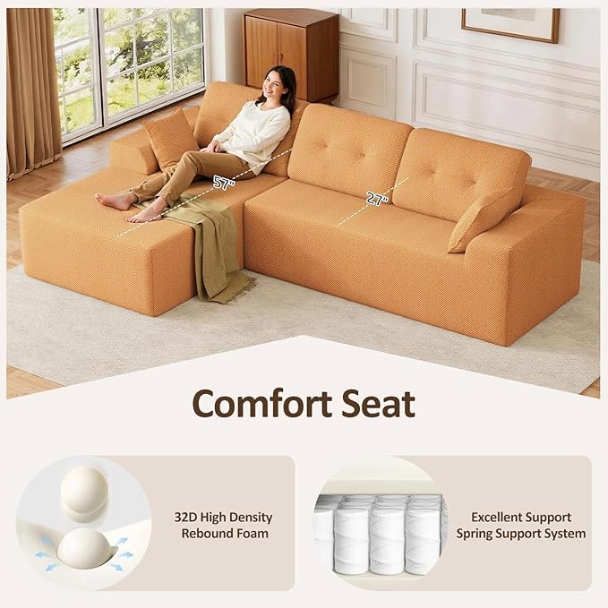Ball & Cast Modular Cloud Sofa,106'' Chenille Sectional Couch with Wider Armrest and Pillow,Upholstered Convertible Comfy Sofa Couches for Living Room, No Assembly Required,Left Facing(Orange)
