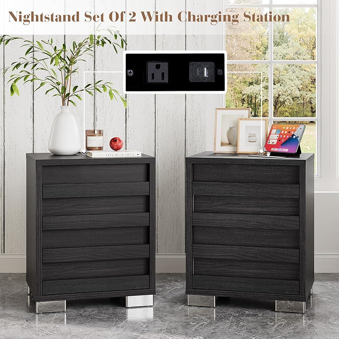 LUXOAK 3 Pcs Bedroom Furniture Set - Includes Farmhouse 6 Drawer Dresser and Nightstand Sets of 2 with Charging Station, Slated Handles & Stainless Steel Feet, Black