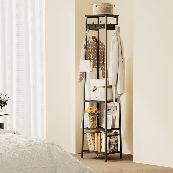 Coat Rack Freestanding, Coat Stand with 3 Shelves and 7 Hooks, Hall Tree Free Standing, Clothes Rack Stand Organizer for Bedroom, Hallway, Entryway, Living Room, Industrial Style, Black - Image 2