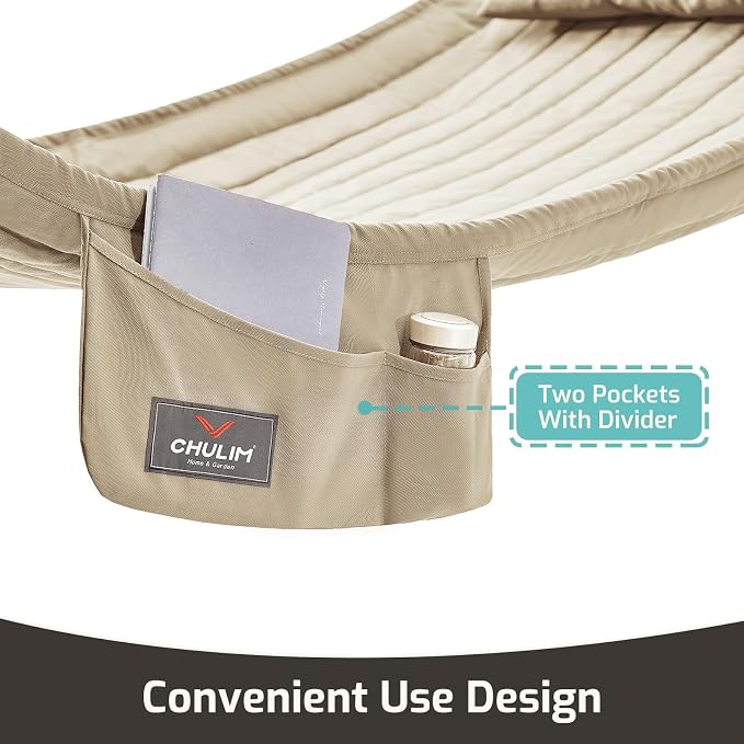 CHULIM Double Quilted Fabric Hammock with Hardwood Spreader Bars and Pillow 450 LBS Capacity 2 Person Large Hammock for Outdoor Patio Backyard Poolside - Tan - Image 3
