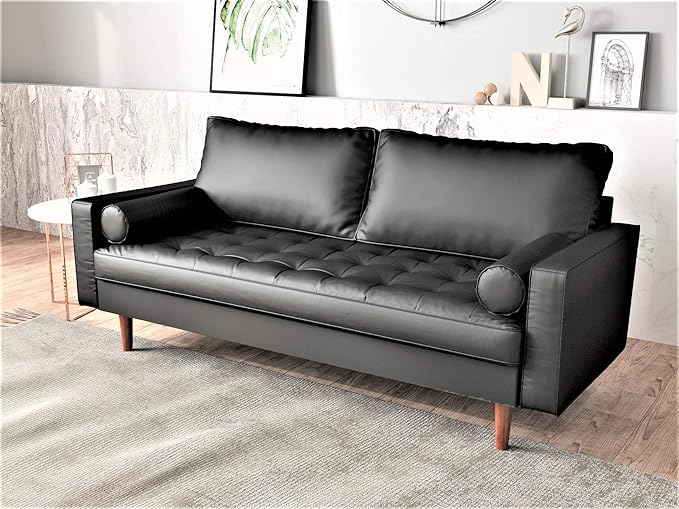 Womble Mid Century Modern Couch with Bolster Pillows, PU Leather Upholstered Tufted Seat, Versatile Retro Design for Comfortable Living Spaces, Sofa, Midnight