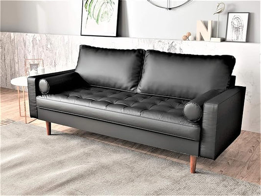 Womble Mid Century Modern Couch with Bolster Pillows, PU Leather Upholstered Tufted Seat, Versatile Retro Design for Comfortable Living Spaces, Sofa, Midnight