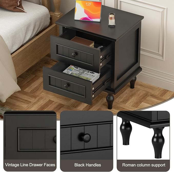 Scurrty Nightstand Set of 2, Antique Style End Table with 2 Drawers, Taller Nightstand for Bedroom, Side Table for Bedroom (Black) - Image 7